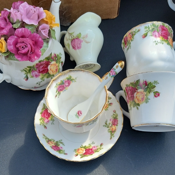 Royal Albert Pink and Yellow Floral Tea Set with Gold Accents - Picture 1 of 14